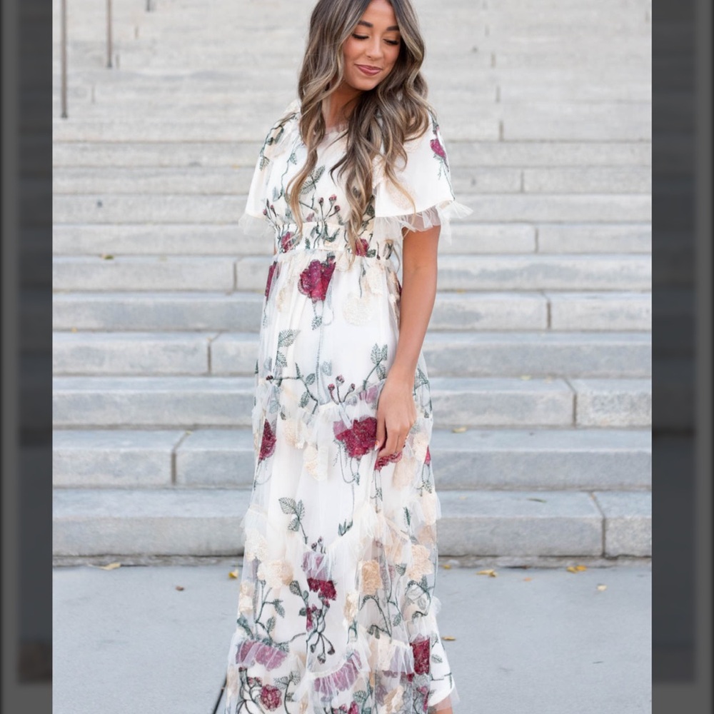 Floral Embroidered Maxi Dress in White with Burgundy Accents - Picture 2 of 9